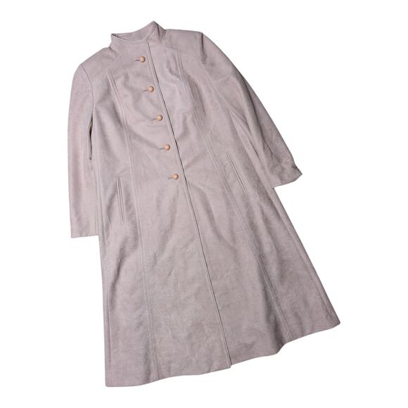 Vtg 1970s Blush Pink Faux Suede Mandarin Collar Longline Minimal Overcoat Sz L - Picture 1 of 4